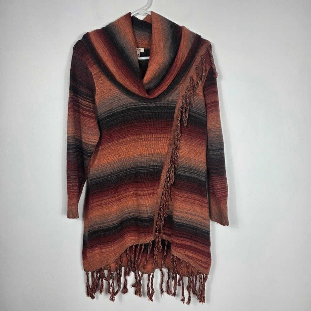 Reba‎ Striped Cowl Neck Fringe Cardigan Sweater Women's Size M Orange Red Black